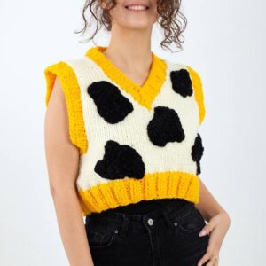iAdorer Cow Print Hand Knit Sweater Vest in Cream