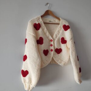 iAdorer Heart Hand Knit Cotton Cardigan in Cream