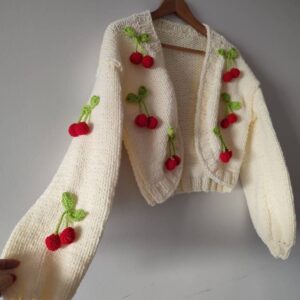 iAdorer Cherry Hand Knit Bolero Cardigan in Cream (photo 2)