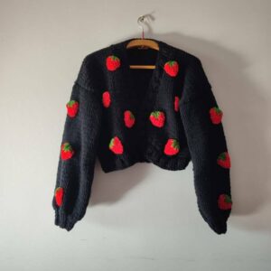 iAdorer Strawberry Hand Knit Cotton Cardigan in Black (photo 2)