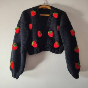 iAdorer Strawberry Hand Knit Cotton Cardigan in Black (photo 4)