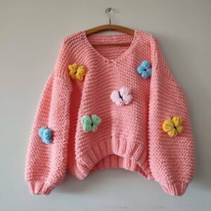 iAdorer Butterfly Hand Knit Sweater in Coral Pink
