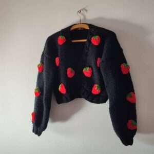 iAdorer Strawberry Hand Knit Cotton Cardigan in Black