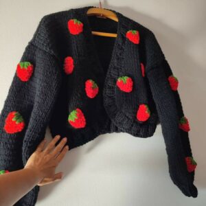 iAdorer Strawberry Hand Knit Cotton Cardigan in Black (photo 5)