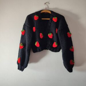 iAdorer Strawberry Hand Knit Cotton Cardigan in Black (photo 3)