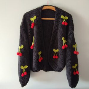 iAdorer Cherry Hand Knit Cotton Cardigan in Black