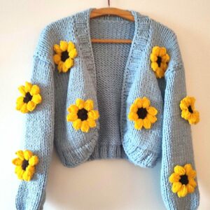iAdorer Sunflower Hand Knit Cardigan in Sky Blue