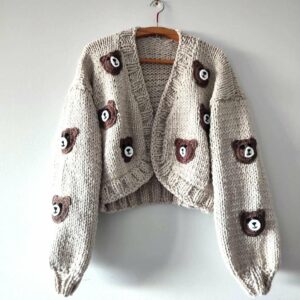 iAdorer Teddy Bear Hand Knit Cardigan in Light Gray (photo 3)