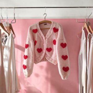 iAdorer Heart Hand Knit Cropped Cardigan in Light Pink (photo 5)