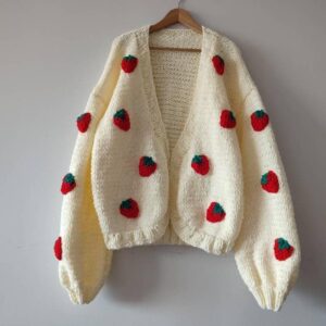 iAdorer Strawberry Hand Knit Cardigan in Cream