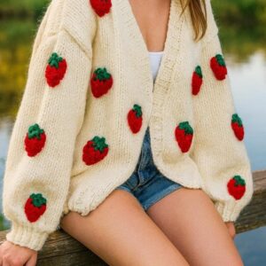 iAdorer Strawberry Hand Knit Cardigan in Cream (photo 2)