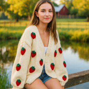 iAdorer Strawberry Hand Knit Cardigan in Cream (photo 3)
