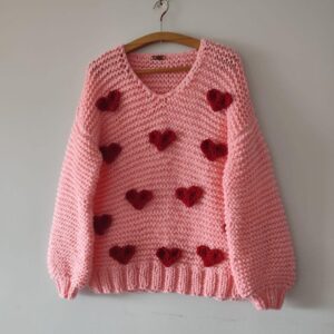 iAdorer Heart Hand Knit V-Neck Sweater in Pink (photo 2)