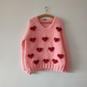 iAdorer Heart Hand Knit V-Neck Sweater in Pink (photo 5)