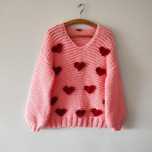 iAdorer Heart Hand Knit V-Neck Sweater in Pink
