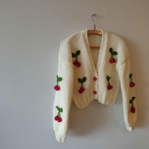 iAdorer Cherry Hand Knit Cropped Cardigan in Cream (photo 3)