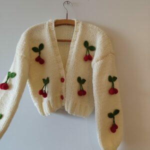 iAdorer Cherry Hand Knit Cropped Cardigan in Cream (photo 4)