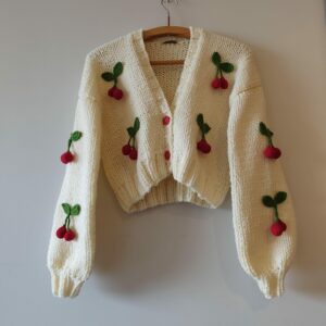 iAdorer Cherry Hand Knit Cropped Cardigan in Cream (photo 5)