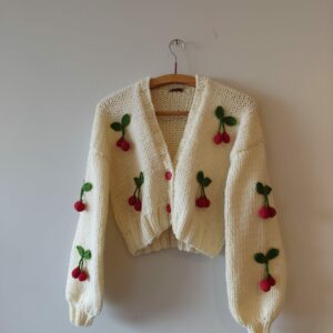 iAdorer Cherry Hand Knit Cropped Cardigan in Cream