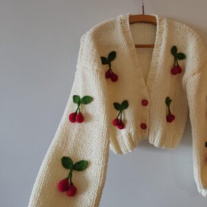 iAdorer Cherry Hand Knit Cropped Cardigan in Cream (photo 2)