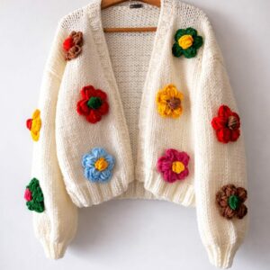 iAdorer 3D Flower Hand Knit Cardigan in Cream