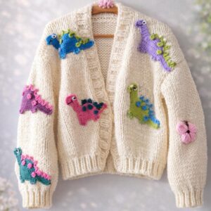 iAdorer Dinosaur Hand Knit Cardigan in Cream