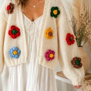 iAdorer 3D Flower Hand Knit Cardigan in Cream (photo 6)