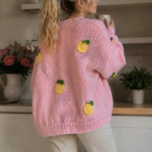 iAdorer Lemon Hand Knit Cardigan in Pastel Pink (photo 2)