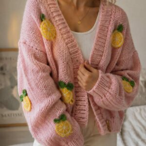 iAdorer Lemon Hand Knit Cardigan in Pastel Pink