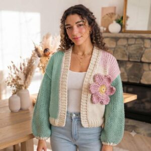 iAdorer Flower Hand Knit Color Block Cardigan in Pink, Cream and Sage (photo 3)