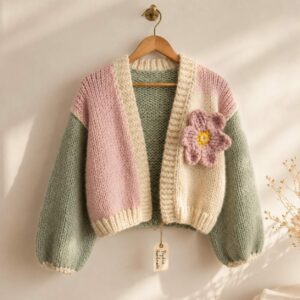 iAdorer Flower Hand Knit Color Block Cardigan in Pink, Cream and Sage