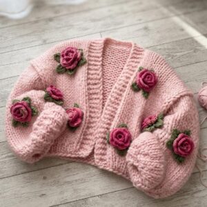 iAdorer Rose Hand Knit Cropped Cardigan in Soft Pink (photo 3)