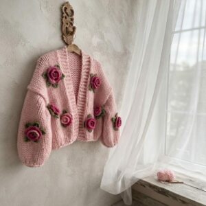 iAdorer Rose Hand Knit Cropped Cardigan in Soft Pink