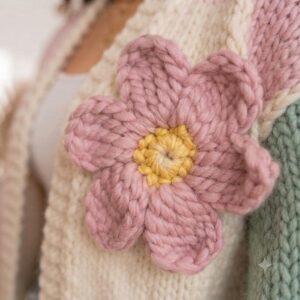 iAdorer Flower Hand Knit Color Block Cardigan in Pink, Cream and Sage (photo 4)
