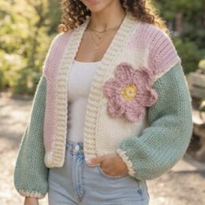 iAdorer Flower Hand Knit Color Block Cardigan in Pink, Cream and Sage (photo 2)