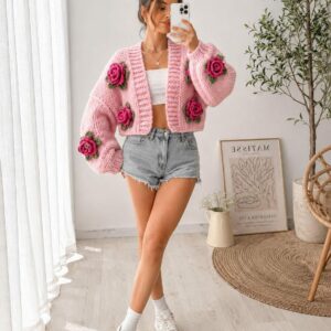 iAdorer Rose Hand Knit Cropped Cardigan in Soft Pink (photo 5)