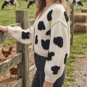 iAdorer Cow Print Hand Knit Cardigan in Cream (photo 2)
