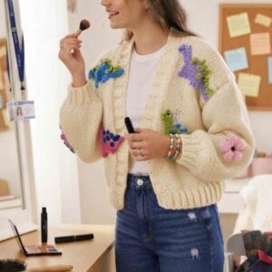 iAdorer Dinosaur Hand Knit Cardigan in Cream (photo 2)