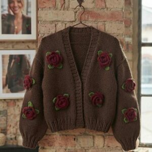iAdorer Red Rose Hand Knit Cardigan in Brown