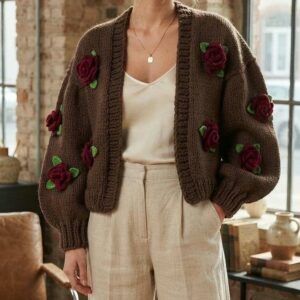iAdorer Red Rose Hand Knit Cardigan in Brown (photo 2)