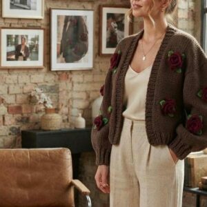 iAdorer Red Rose Hand Knit Cardigan in Brown (photo 3)