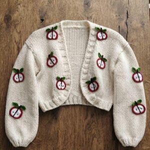 iAdorer Red Apple Hand Knit Cardigan in Cream
