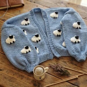 iAdorer Sheep Hand Knit Cropped Cardigan in Sky Blue